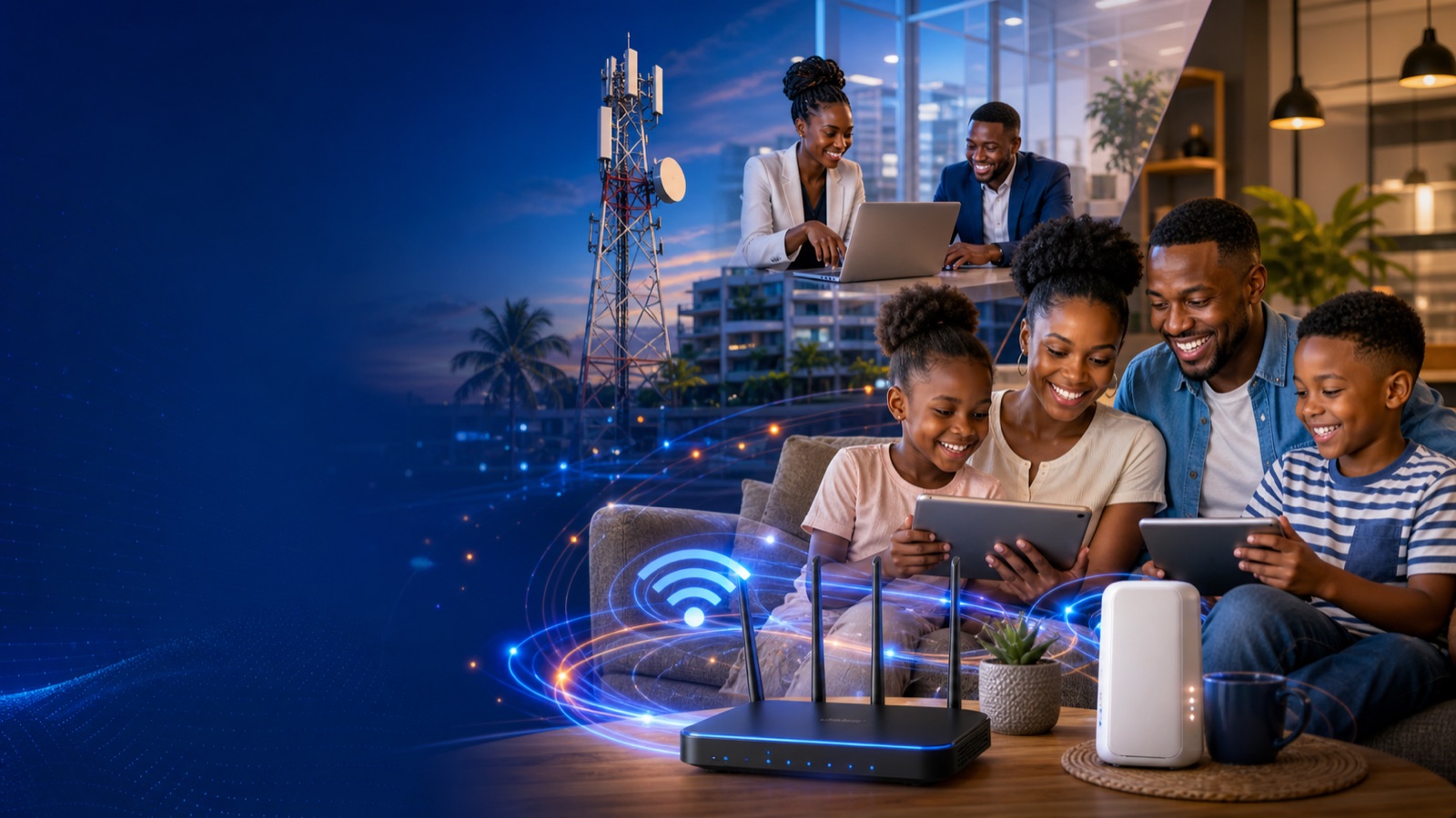 Familia y equipo de trabajo conectados con internet TRINET de GETESA